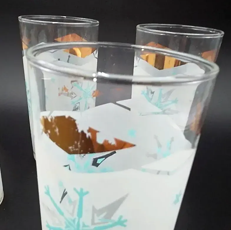 Vintage Set of 7 Mid Century Snowflake Highball Glasses White Frost Gold Rim Turquoise