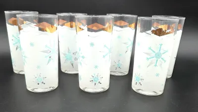 Vintage Set of 7 Mid Century Snowflake Highball Glasses White Frost Gold Rim Turquoise
