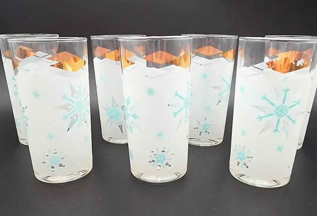 Vintage Set of 7 Mid Century Snowflake Highball Glasses White Frost Gold Rim Turquoise