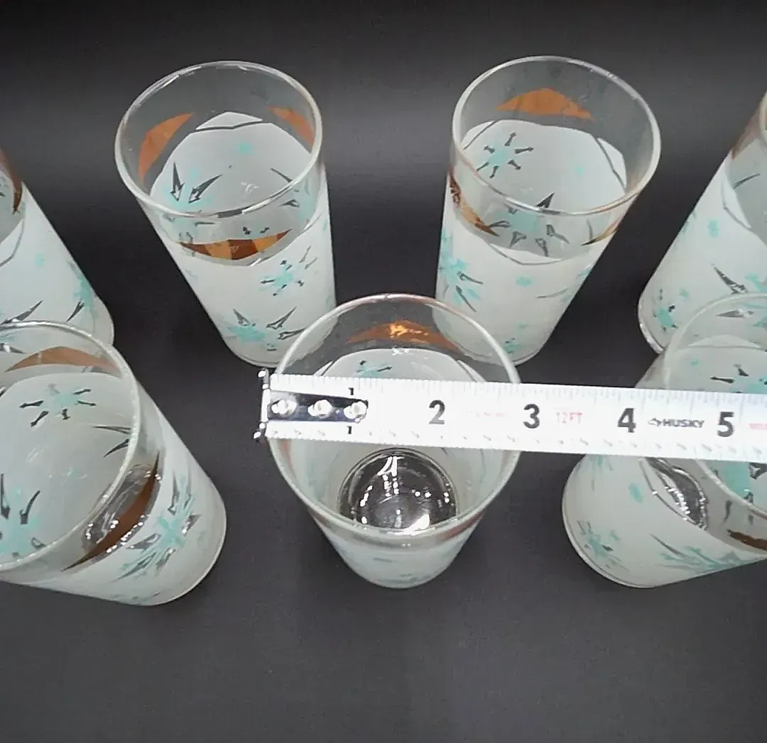 Vintage Set of 7 Mid Century Snowflake Highball Glasses White Frost Gold Rim Turquoise