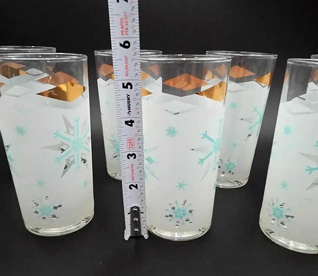Vintage Set of 7 Mid Century Snowflake Highball Glasses White Frost Gold Rim Turquoise
