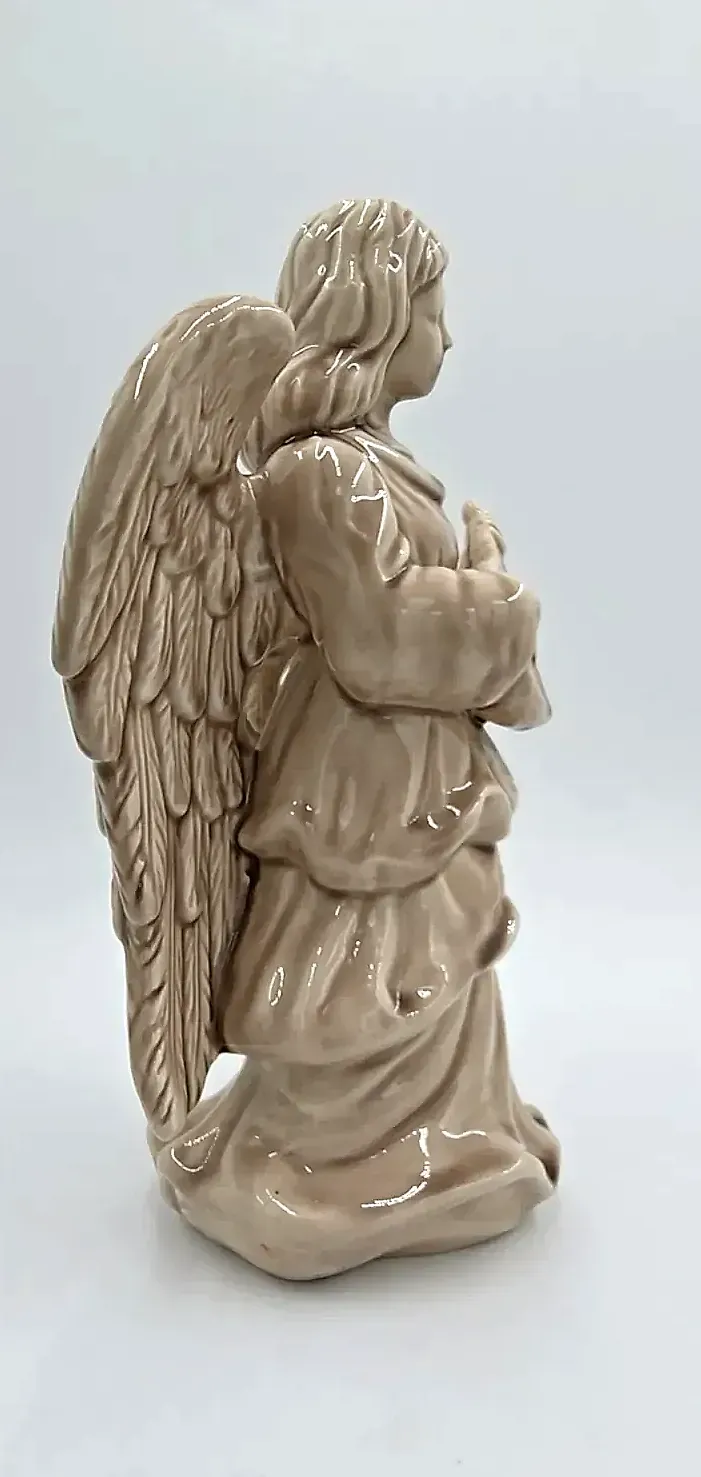 Vintage Glazed Ceramic Angel Figurine Playing Lute Mandolin — maker's mark