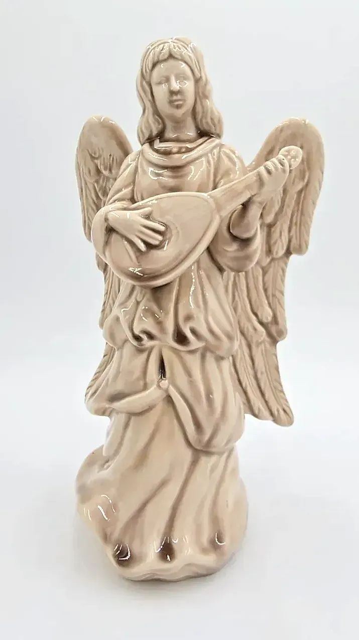 Vintage Glazed Ceramic Angel Figurine Playing Lute Mandolin