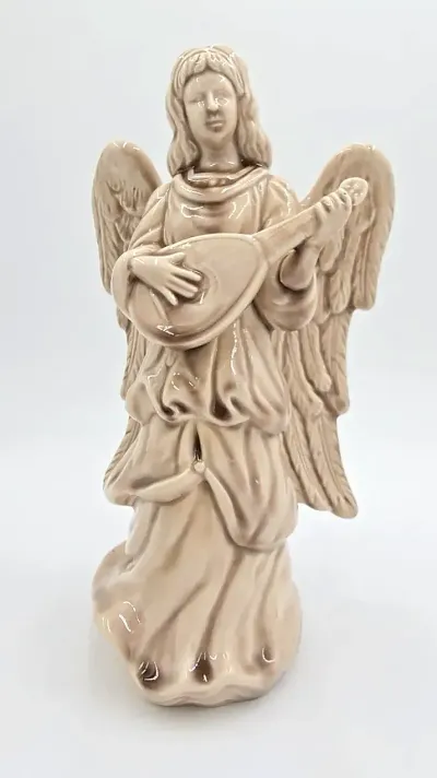 Vintage Glazed Ceramic Angel Figurine Playing Lute Mandolin