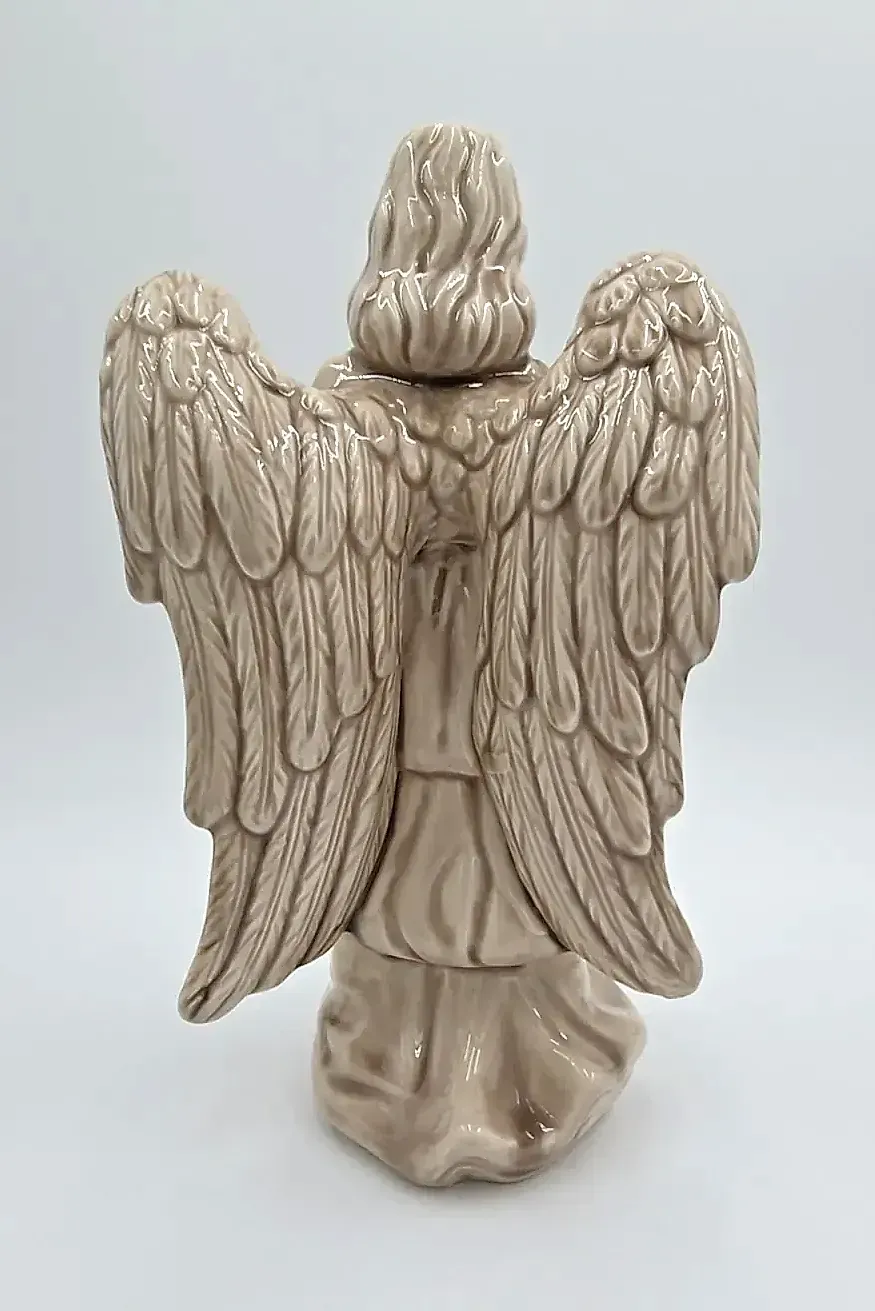 Vintage Glazed Ceramic Angel Figurine Playing Lute Mandolin — detail