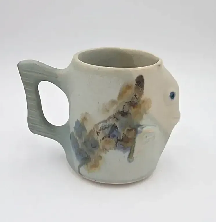 Kent Follette Studio Pottery Fish Mug Handcrafted Art Ceramic Coffee Cup Signed — maker's mark