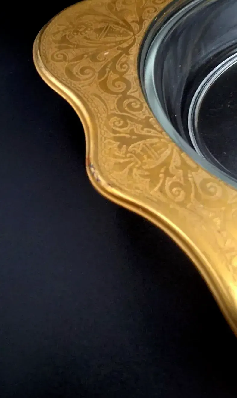 Vintage Ornate Gold Encrusted Glass Serving Bowl Dish Hollywood Regency — underside