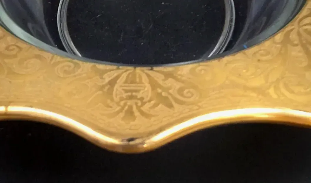 Vintage Ornate Gold Encrusted Glass Serving Bowl Dish Hollywood Regency — maker's mark