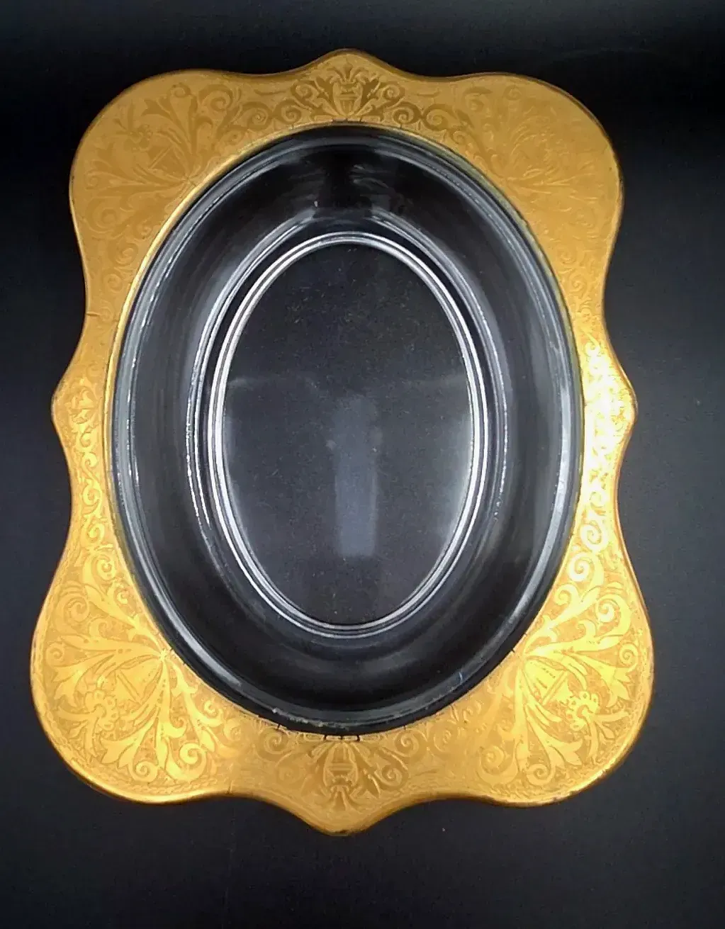Vintage Ornate Gold Encrusted Glass Serving Bowl Dish Hollywood Regency — side view