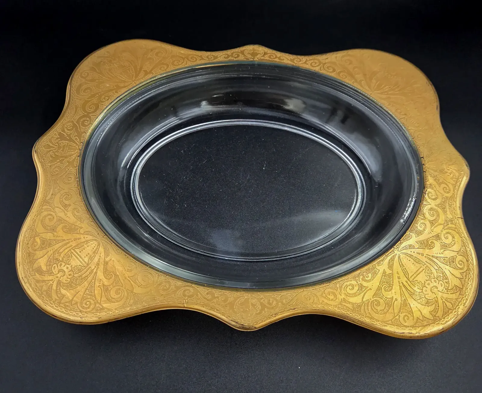 Vintage Ornate Gold Encrusted Glass Serving Bowl Dish Hollywood Regency
