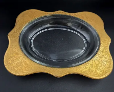 Vintage Ornate Gold Encrusted Glass Serving Bowl Dish Hollywood Regency