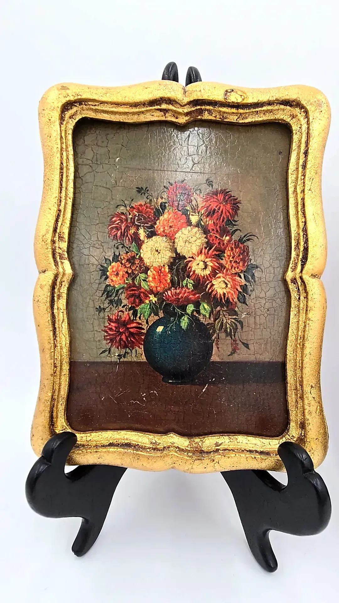 Vtg Set 2 Italian Florentine Gilt Wood Wall Plaques Flemish Floral Still Life — detail