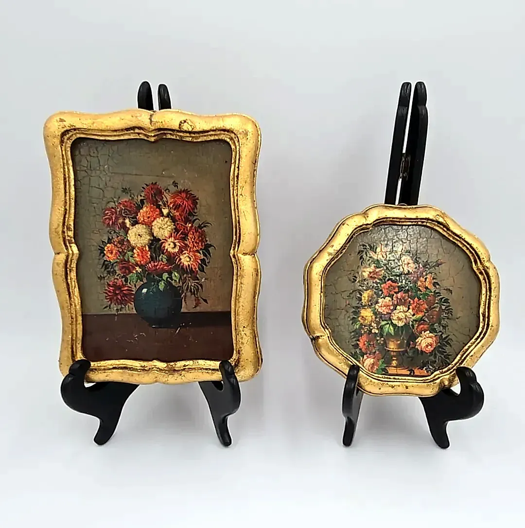 Vtg Set 2 Italian Florentine Gilt Wood Wall Plaques Flemish Floral Still Life — side view