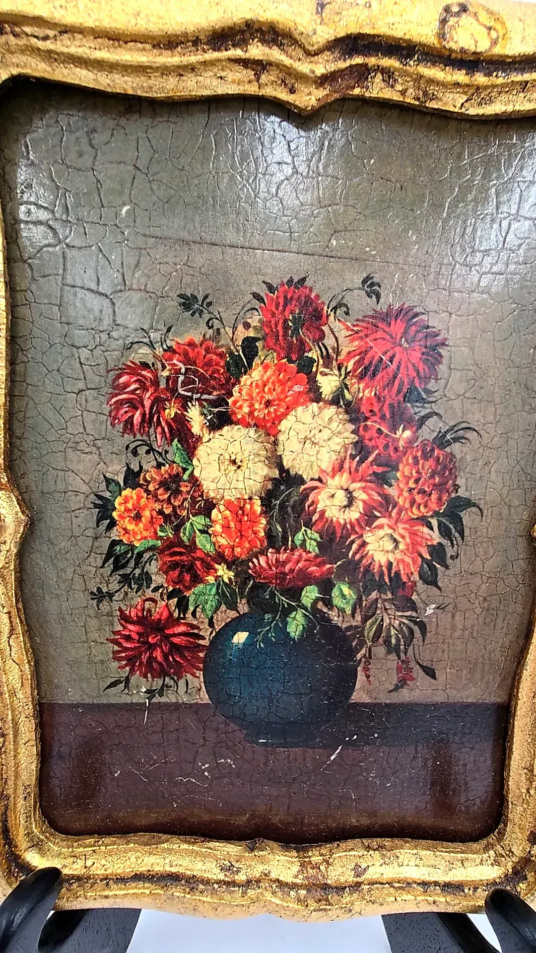 Vtg Set 2 Italian Florentine Gilt Wood Wall Plaques Flemish Floral Still Life — maker's mark