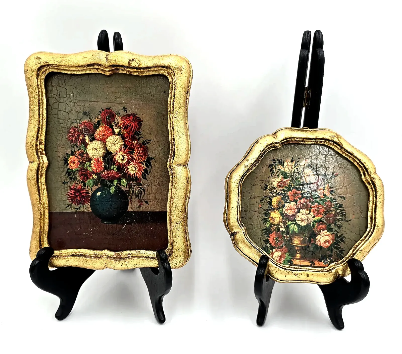 Vtg Set 2 Italian Florentine Gilt Wood Wall Plaques Flemish Floral Still Life