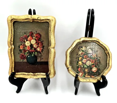 Vtg Set 2 Italian Florentine Gilt Wood Wall Plaques Flemish Floral Still Life