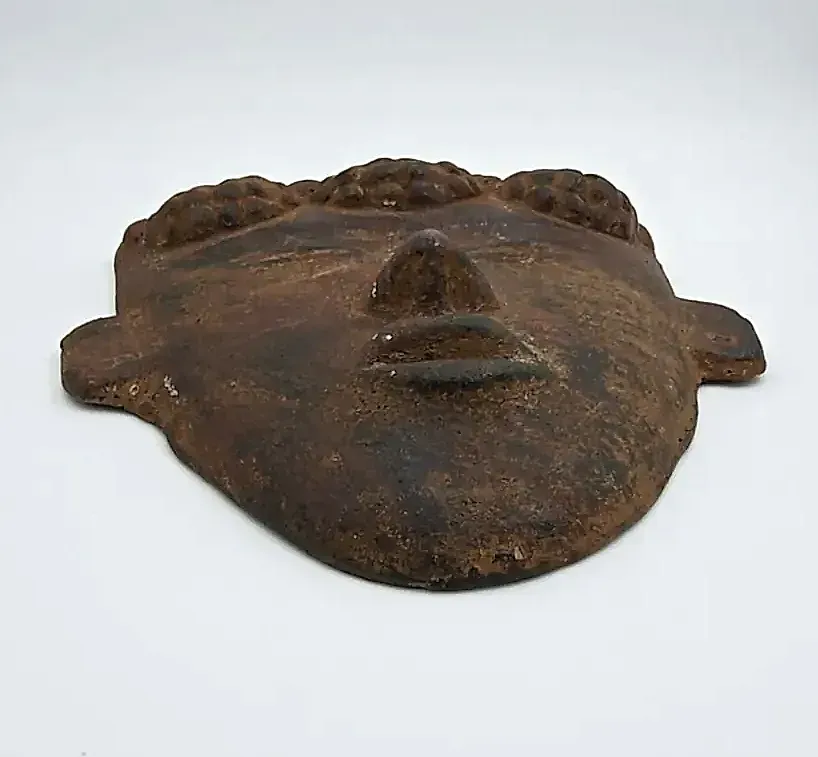 Vintage Mexican Terracotta Aztec Mask Art Decorative Clay Face Plaque — side view