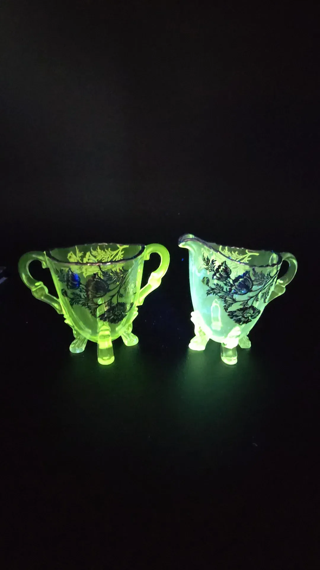 Vintage Glass Cream & Sugar Set with Gold Floral Decoration