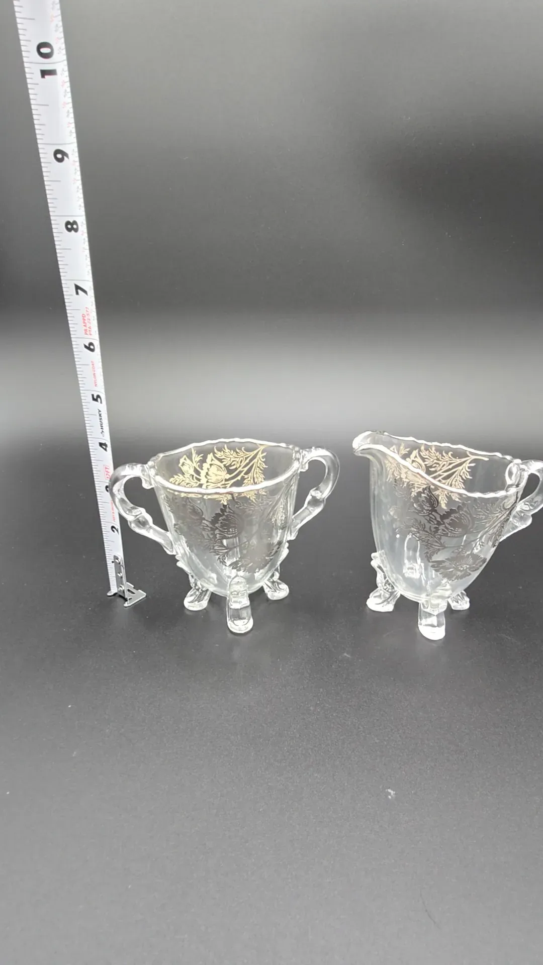 Vintage Glass Cream & Sugar Set with Gold Floral Decoration
