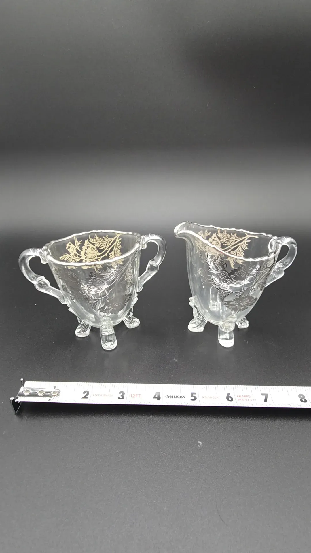 Vintage Glass Cream & Sugar Set with Gold Floral Decoration