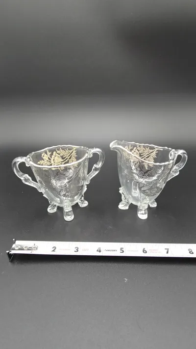 Vintage Glass Cream & Sugar Set with Gold Floral Decoration