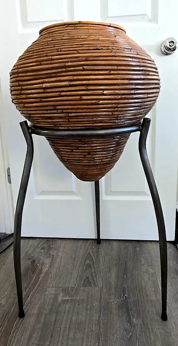 Vtg Mid Century Pencil Reed Bamboo Floor Vase Planter Tripod Stand Philippines — maker's mark