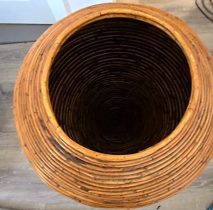 Vtg Mid Century Pencil Reed Bamboo Floor Vase Planter Tripod Stand Philippines — side view