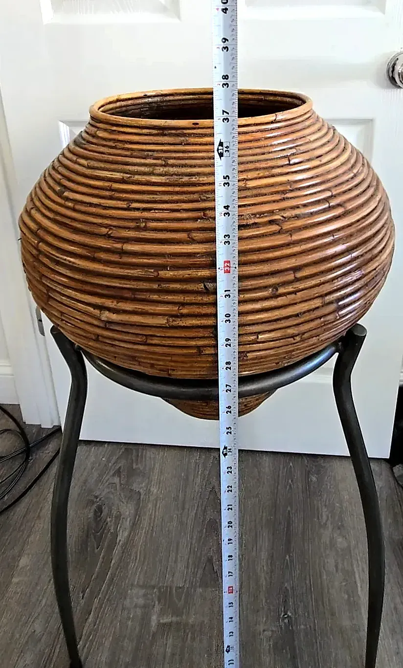 Vtg Mid Century Pencil Reed Bamboo Floor Vase Planter Tripod Stand Philippines — underside