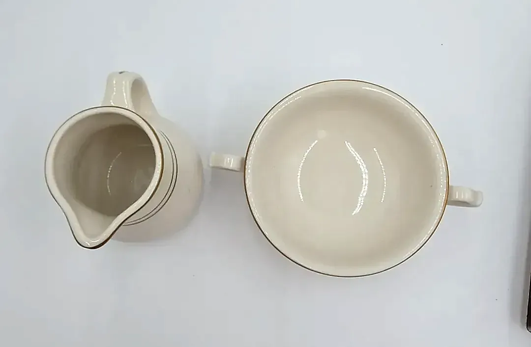 Vtg Homer Laughlin Best China Restaurant Ware Gold Band Creamer & Soup Bowl Set — underside