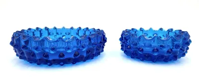 Vintage Cobalt Blue Hobnail Pressed Glass Bowls Set of 2 Scalloped Edge Unmarked