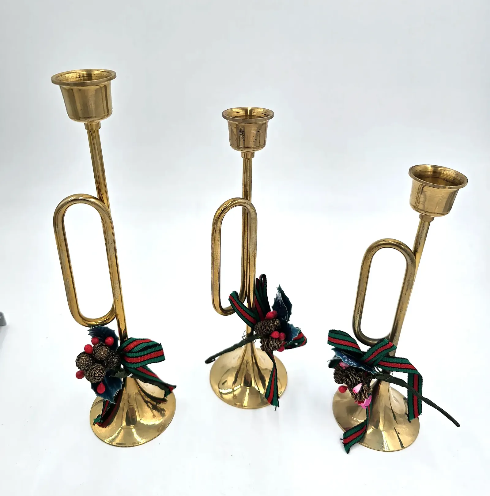 Vintage Brass Christmas Trumpet Candle Holders – Set of 3  with Original Box