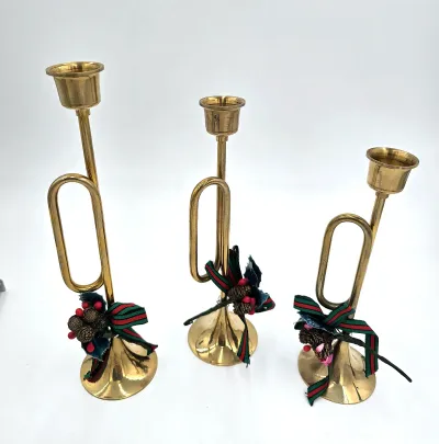 Vintage Brass Christmas Trumpet Candle Holders – Set of 3  with Original Box
