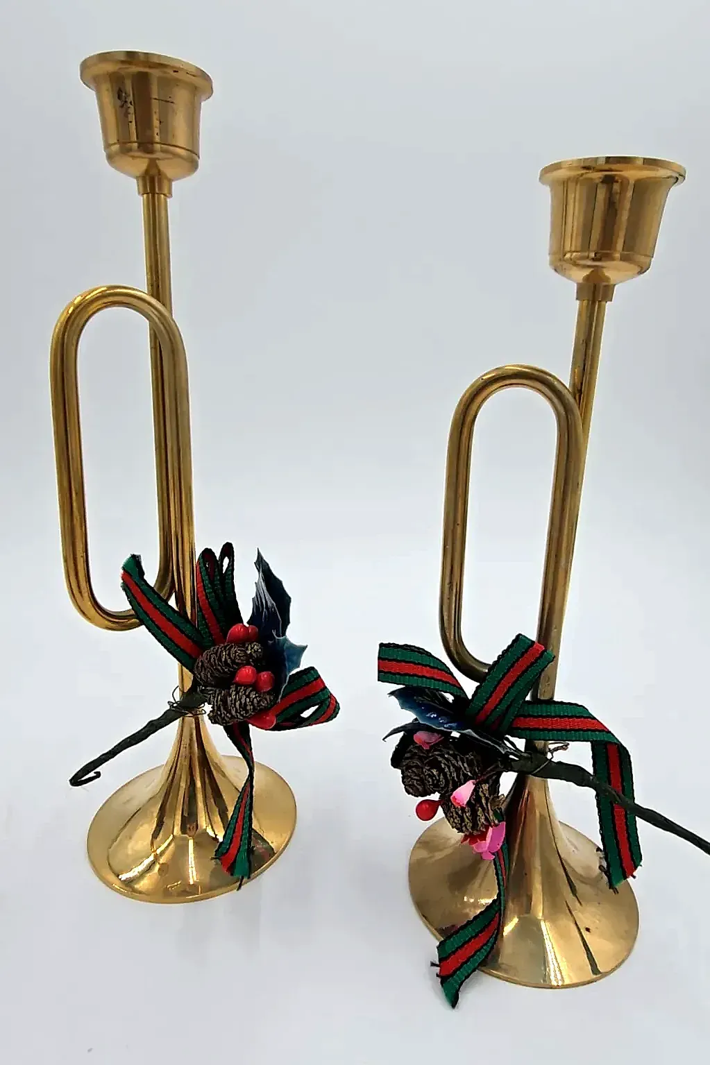 Vintage Brass Christmas Trumpet Candle Holders – Set of 3  with Original Box — underside