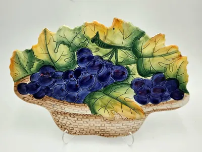 Vintage Hand Painted Italian Majolica Grape Basket Serving Platter Wall Decor 11" Made in Italy