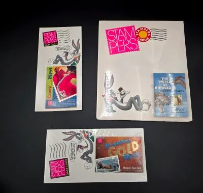USPS Stampers Saver Cards Lot Sealed Bugs Bunny Dinosaurs Klondike Gold Rush Cinco de Mayo