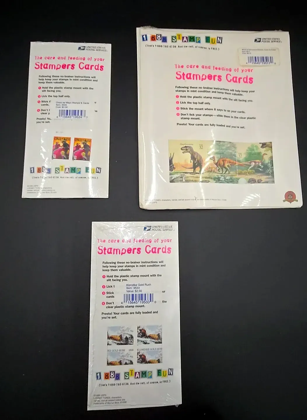 USPS Stampers Saver Cards Lot Sealed Bugs Bunny Dinosaurs Klondike Gold Rush Cinco de Mayo