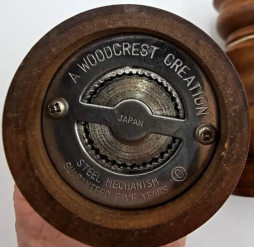 Vintage Woodcrest by Styson Pepper Mill Salt Shaker Set Wood Japan Mid Century Tag — underside