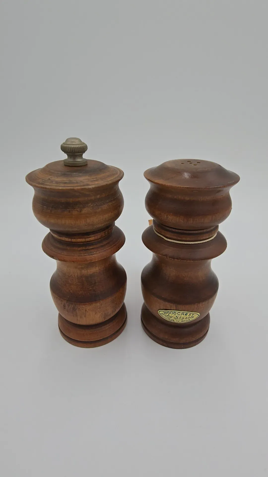 Vintage Woodcrest by Styson Pepper Mill Salt Shaker Set Wood Japan Mid Century Tag — side view