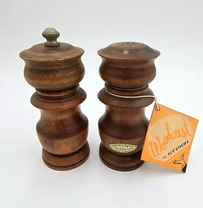 Vintage Woodcrest by Styson Pepper Mill Salt Shaker Set Wood Japan Mid Century Tag