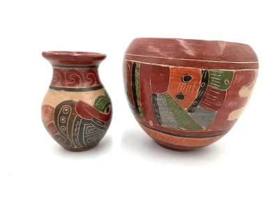 Southwestern Pottery Vase & Bowl Set Hand Painted Mexican Pueblo Style Decor