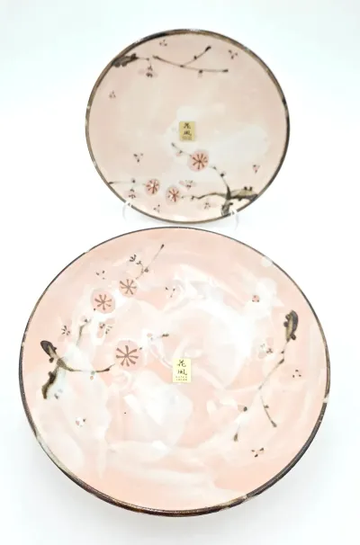 Kafuh Japan Hand Painted Cherry Blossom Serving Bowl & Plate Set Pink Floral