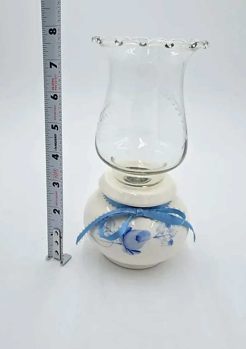 Vintage Lasting Products USA Blue & White Ceramic Hurricane Candle Holder Glass Chimney Vase