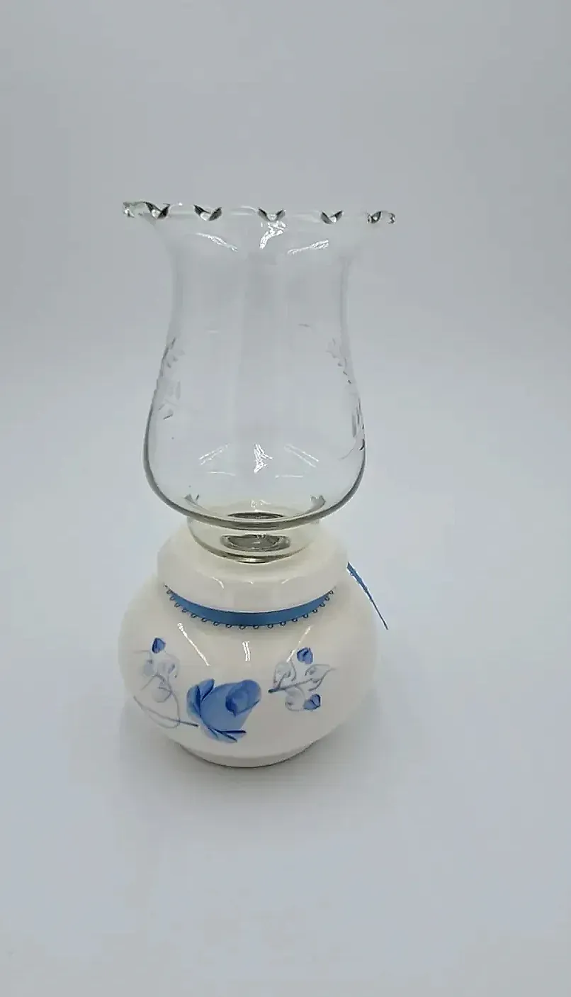 Vintage Lasting Products USA Blue & White Ceramic Hurricane Candle Holder Glass Chimney Vase
