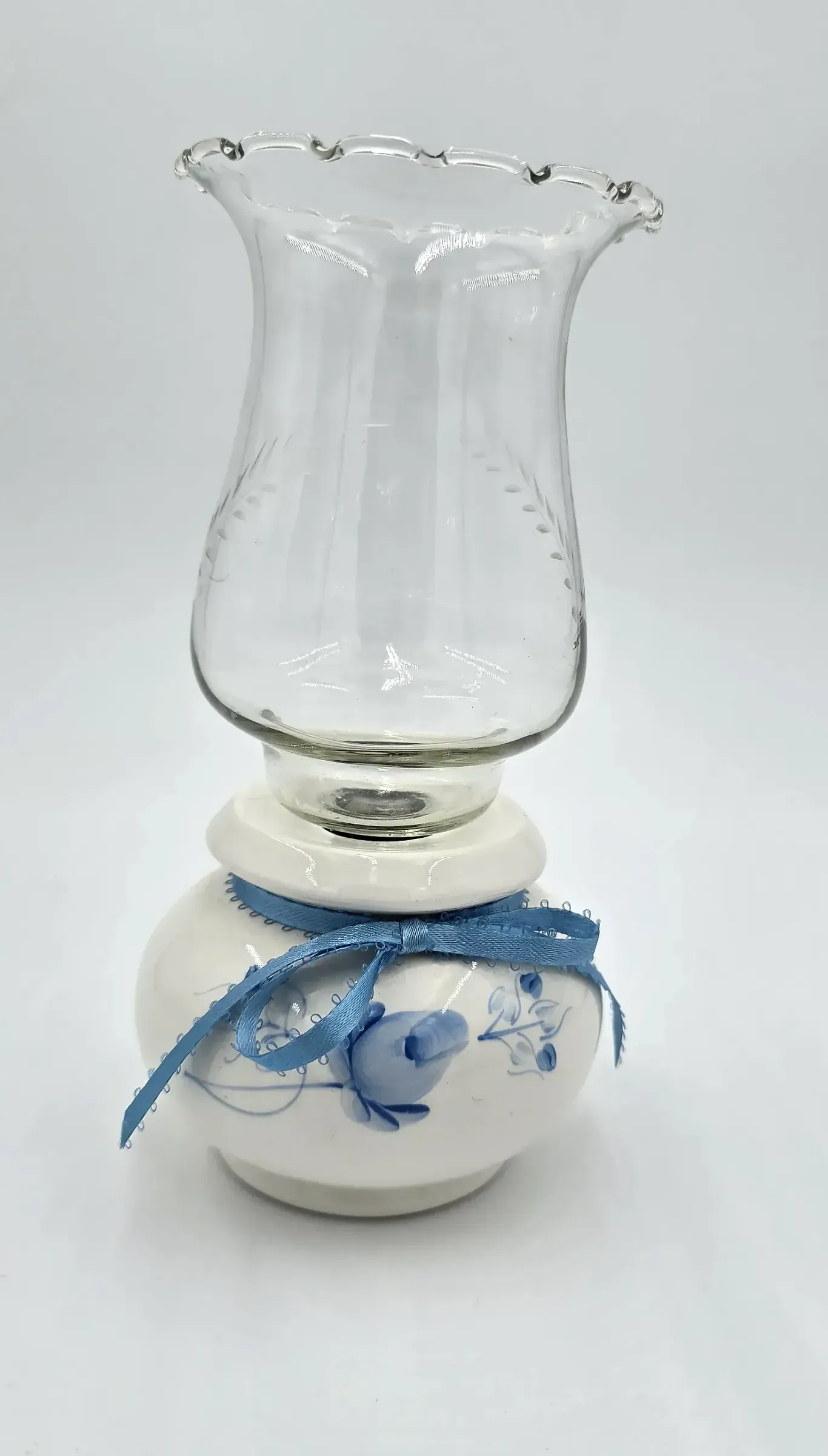 Vintage Lasting Products USA Blue & White Ceramic Hurricane Candle Holder Glass Chimney Vase