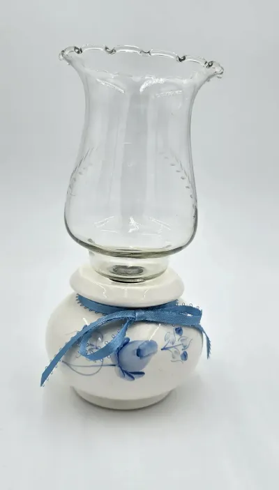 Vintage Lasting Products USA Blue & White Ceramic Hurricane Candle Holder Glass Chimney Vase