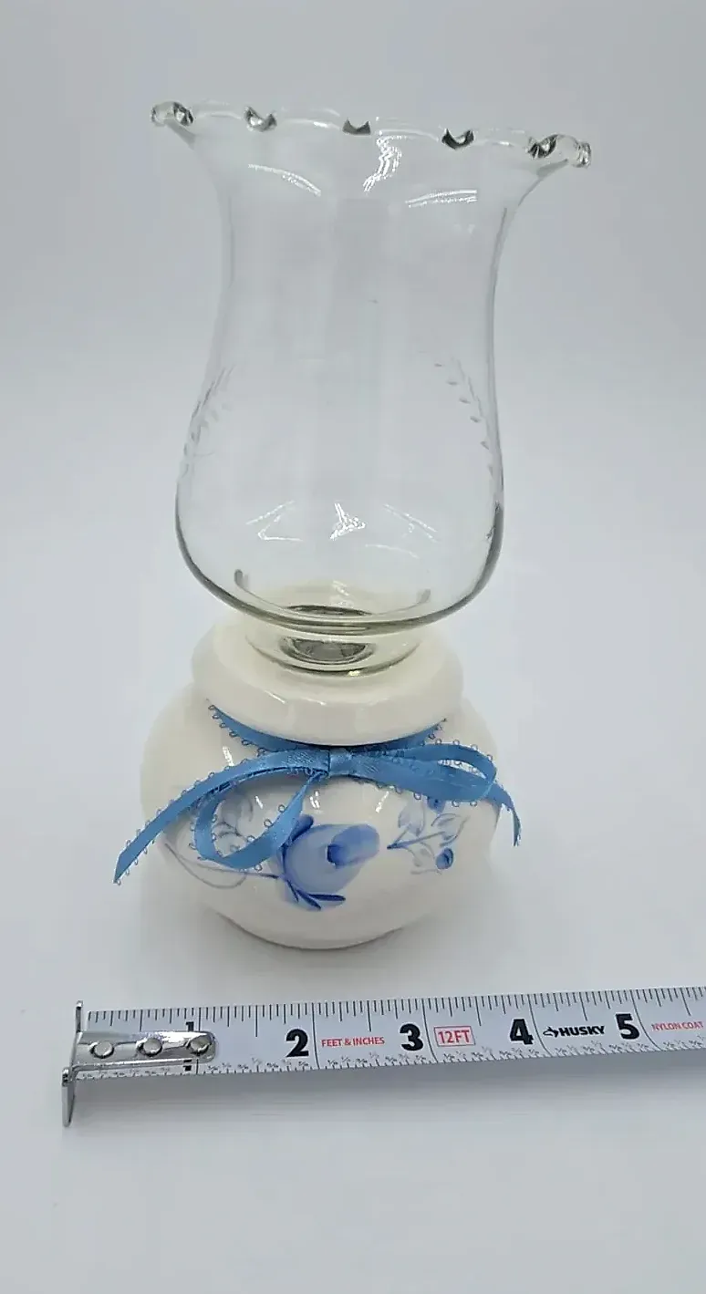 Vintage Lasting Products USA Blue & White Ceramic Hurricane Candle Holder Glass Chimney Vase