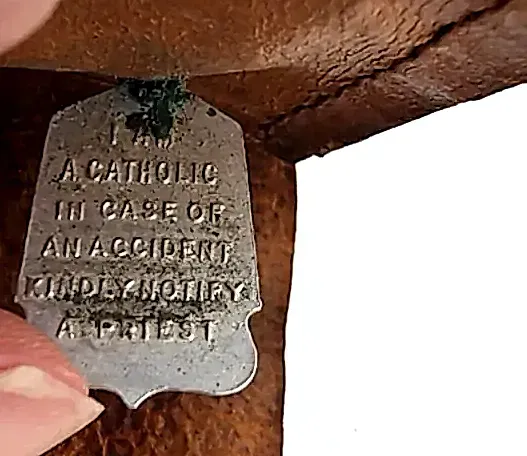 VTG WWII Era Sterling Silver Catholic Rosary Pouch Leddy Marked St Christopher — detail