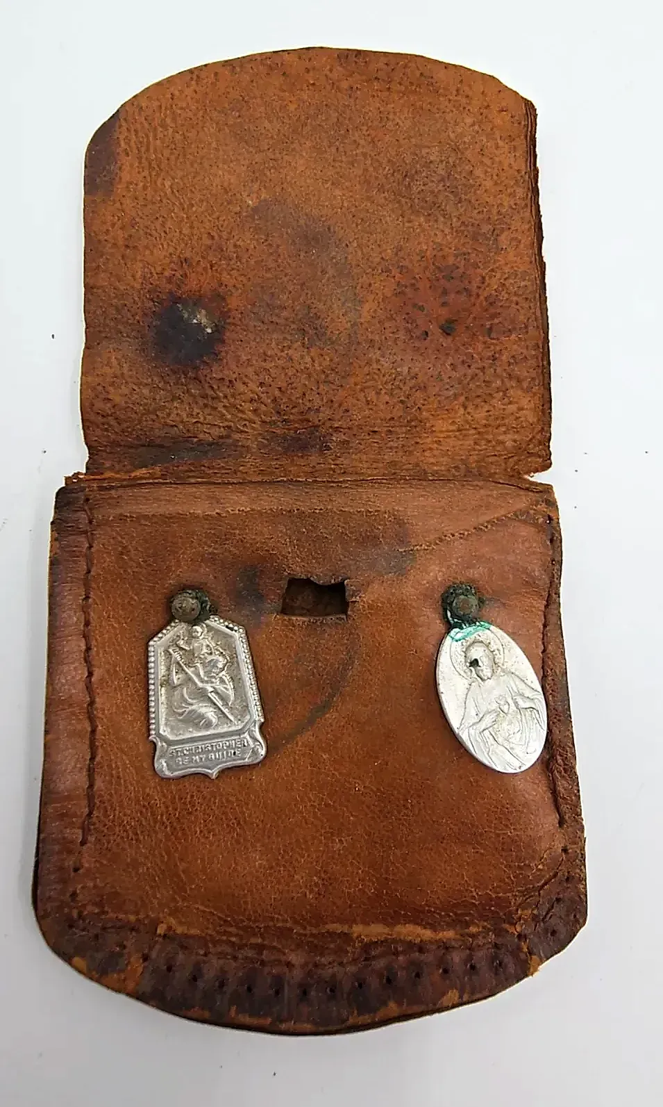 VTG WWII Era Sterling Silver Catholic Rosary Pouch Leddy Marked St Christopher — side view