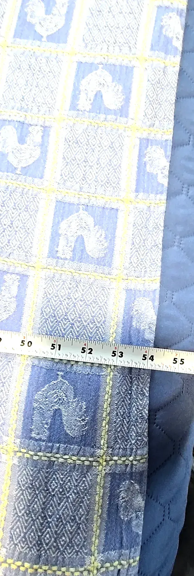 Vintage BARDWIL LINENS Blue French Country Rooster Jacquard Tablecloth Cotton — side view