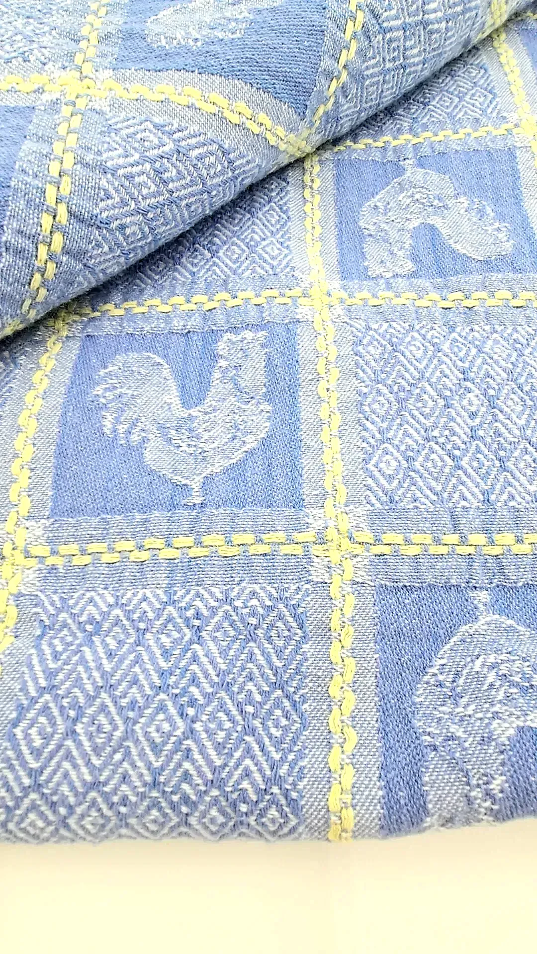 Vintage BARDWIL LINENS Blue French Country Rooster Jacquard Tablecloth Cotton — maker's mark